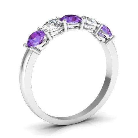 1.00cttw Shared Prong Diamond and Amethyst Five Stone Ring