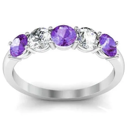 1.00cttw Shared Prong Diamond and Amethyst Five Stone Ring