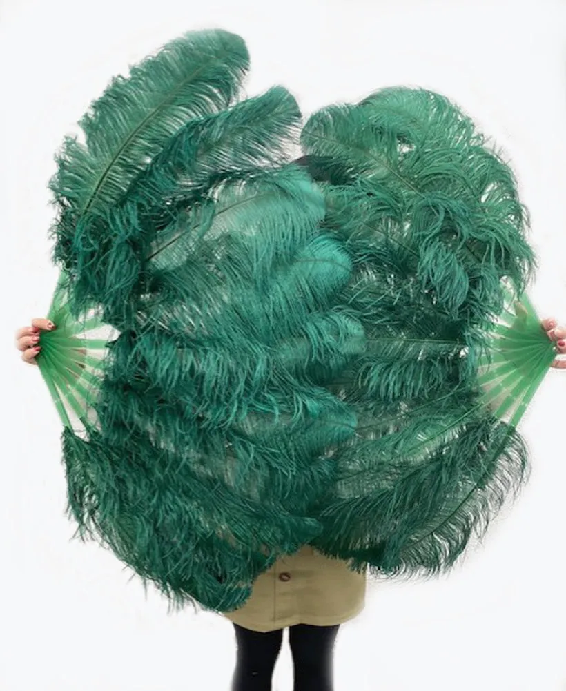 A pair Single layer forest green Beginner’s Ostrich Feather Fan