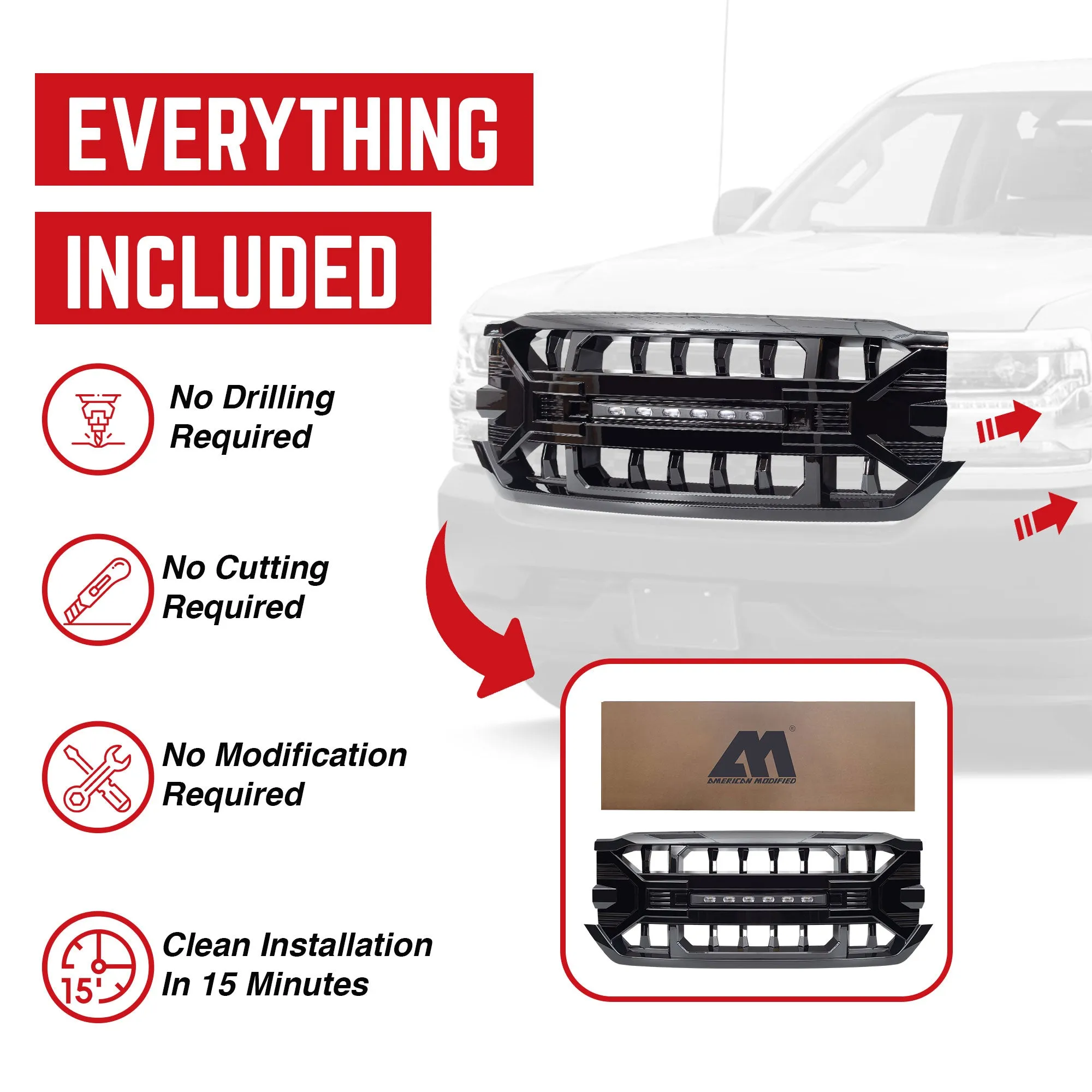 AMERICAN MODIFIED Armor Grille for 2016-2019 Chevy Silverado 1500, Glossy Black