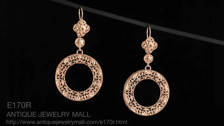 Art Deco Circle of Love Drop Dangle Filigree Earrings - Rose Gold Vermeil Over Sterling Silver