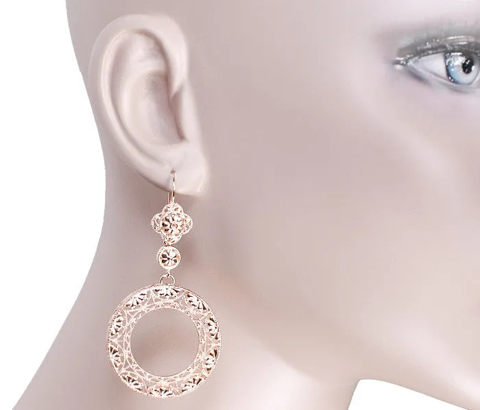 Art Deco Circle of Love Drop Dangle Filigree Earrings - Rose Gold Vermeil Over Sterling Silver