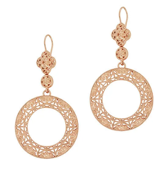 Art Deco Circle of Love Drop Dangle Filigree Earrings - Rose Gold Vermeil Over Sterling Silver