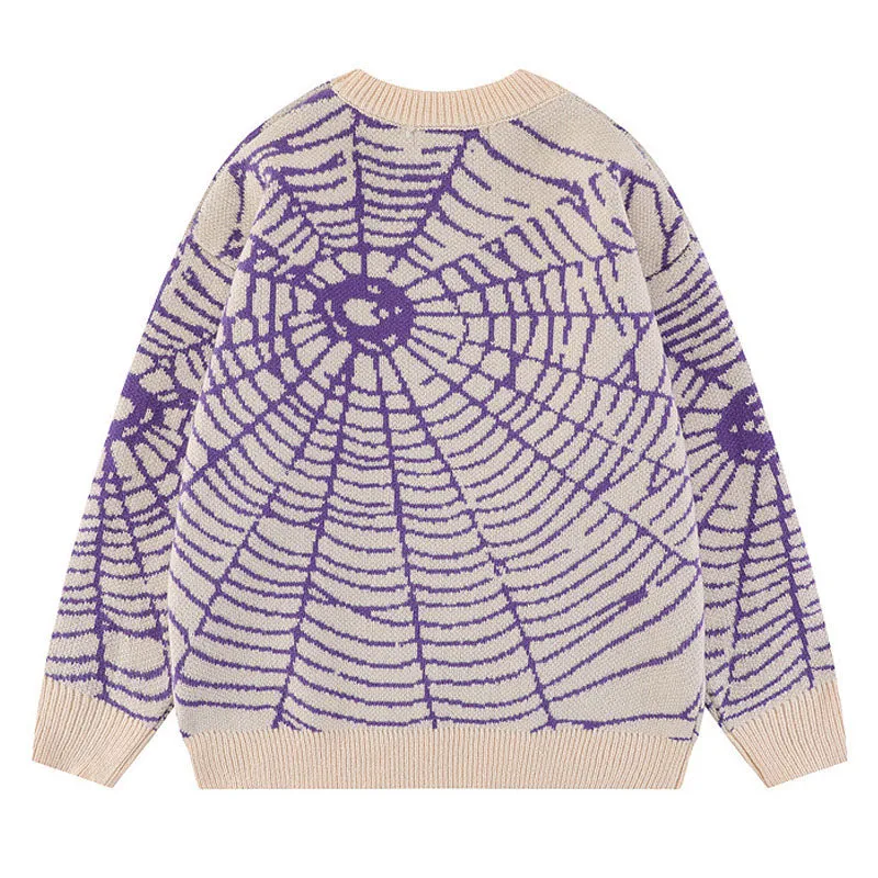 Beige and Purple Spider Web Knit Sweater