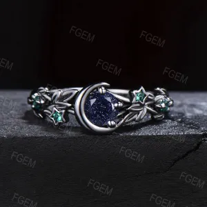 Black Gold Round Blue Sandstone Ring Nature Style Leaf Band Emerald Engagement Ring Crescent Moon Galaxy Goldstone Wedding Ring Women Gifts