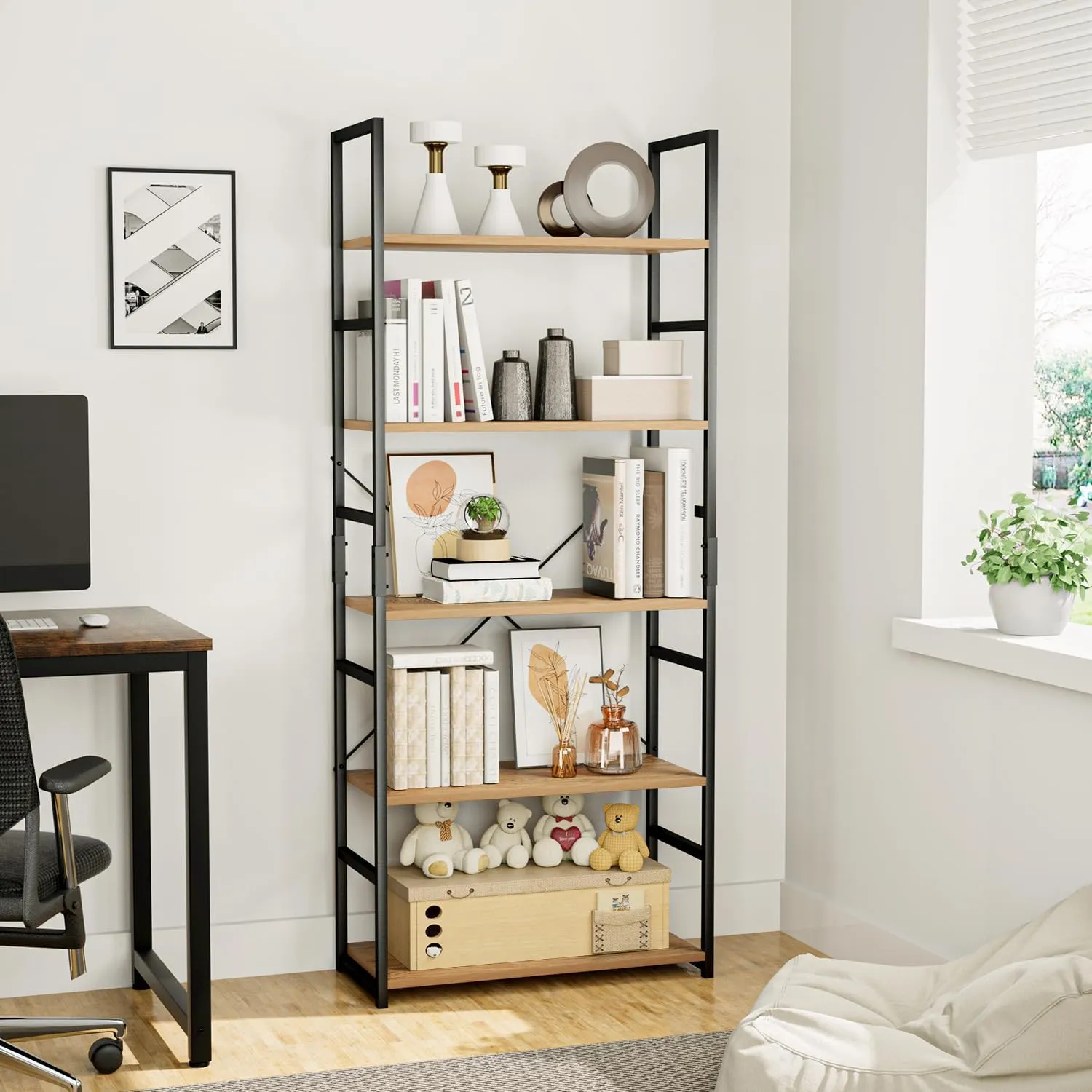 Bookshelf, Tall Bookcase, Office Shelf Storage Organizer