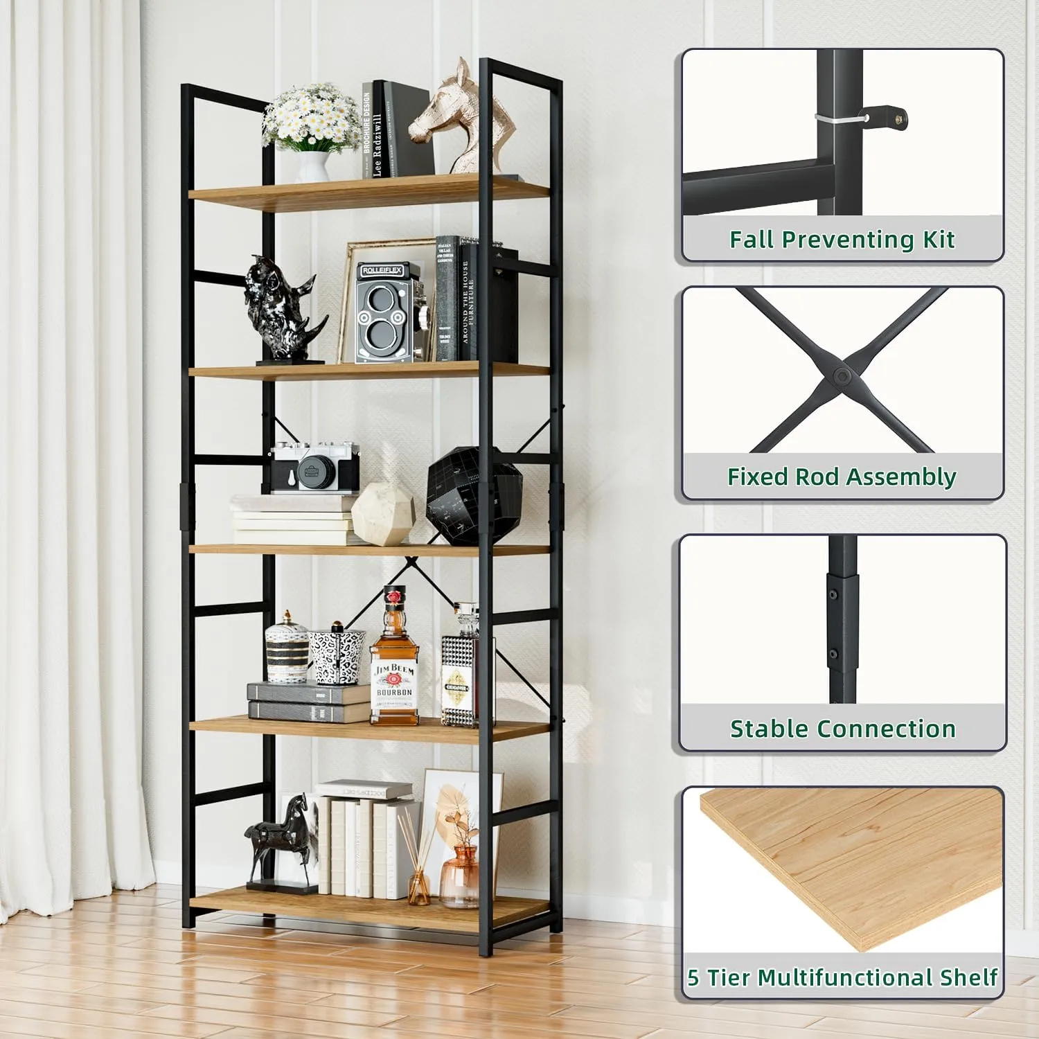 Bookshelf, Tall Bookcase, Office Shelf Storage Organizer