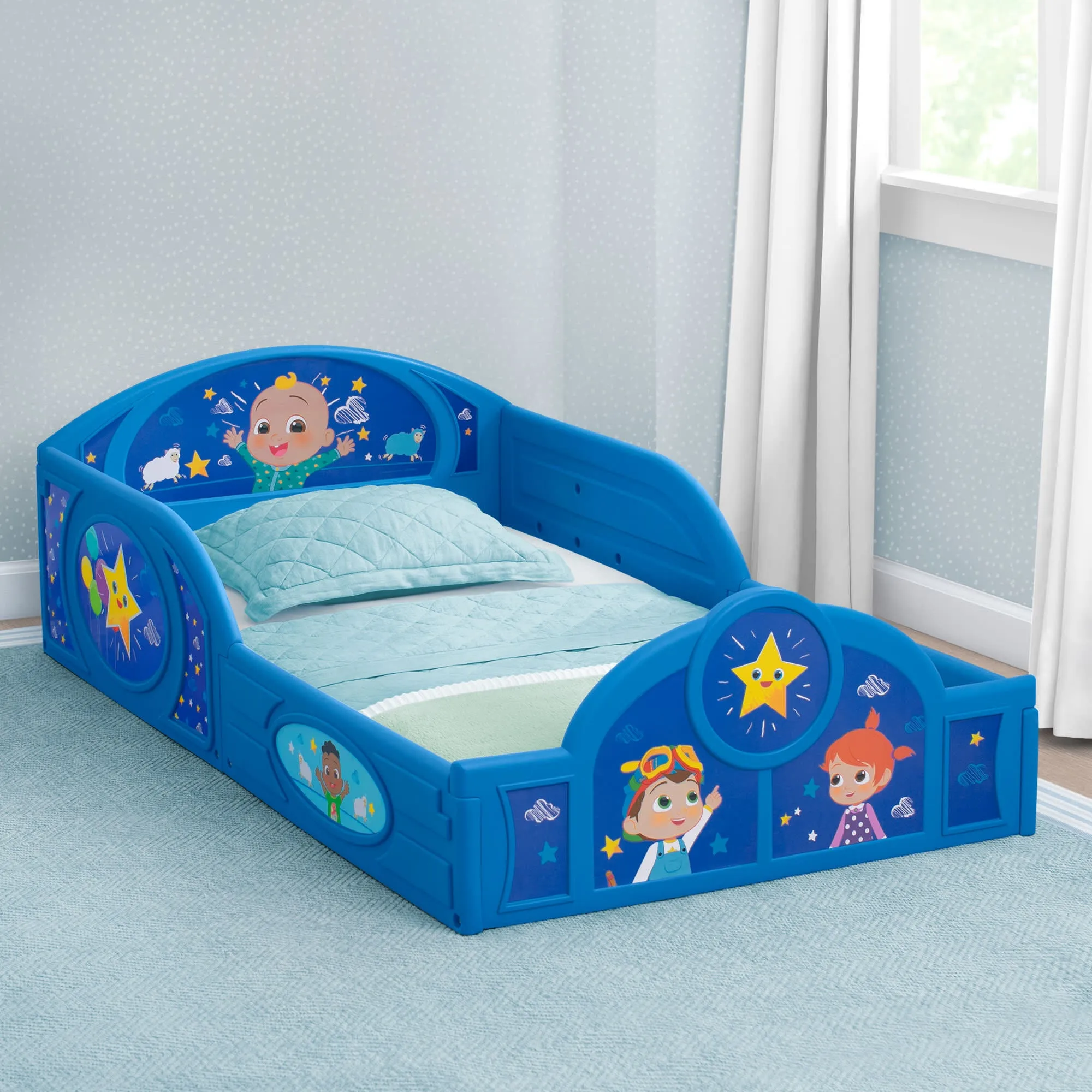 CoComelon Sleep and Play Toddler Bed with Built-In Guardrails