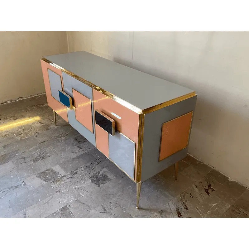 Customizable Italian Pink Gray Blue Black Geometric Postmodern Cabinet/Sideboard