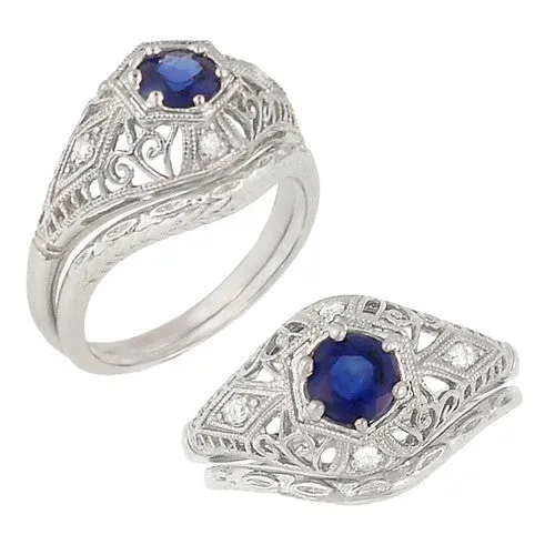 Edwardian Sapphire and Diamonds Scroll Dome Filigree Engagement Ring in Platinum