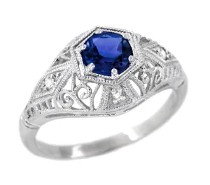 Edwardian Sapphire and Diamonds Scroll Dome Filigree Engagement Ring in Platinum