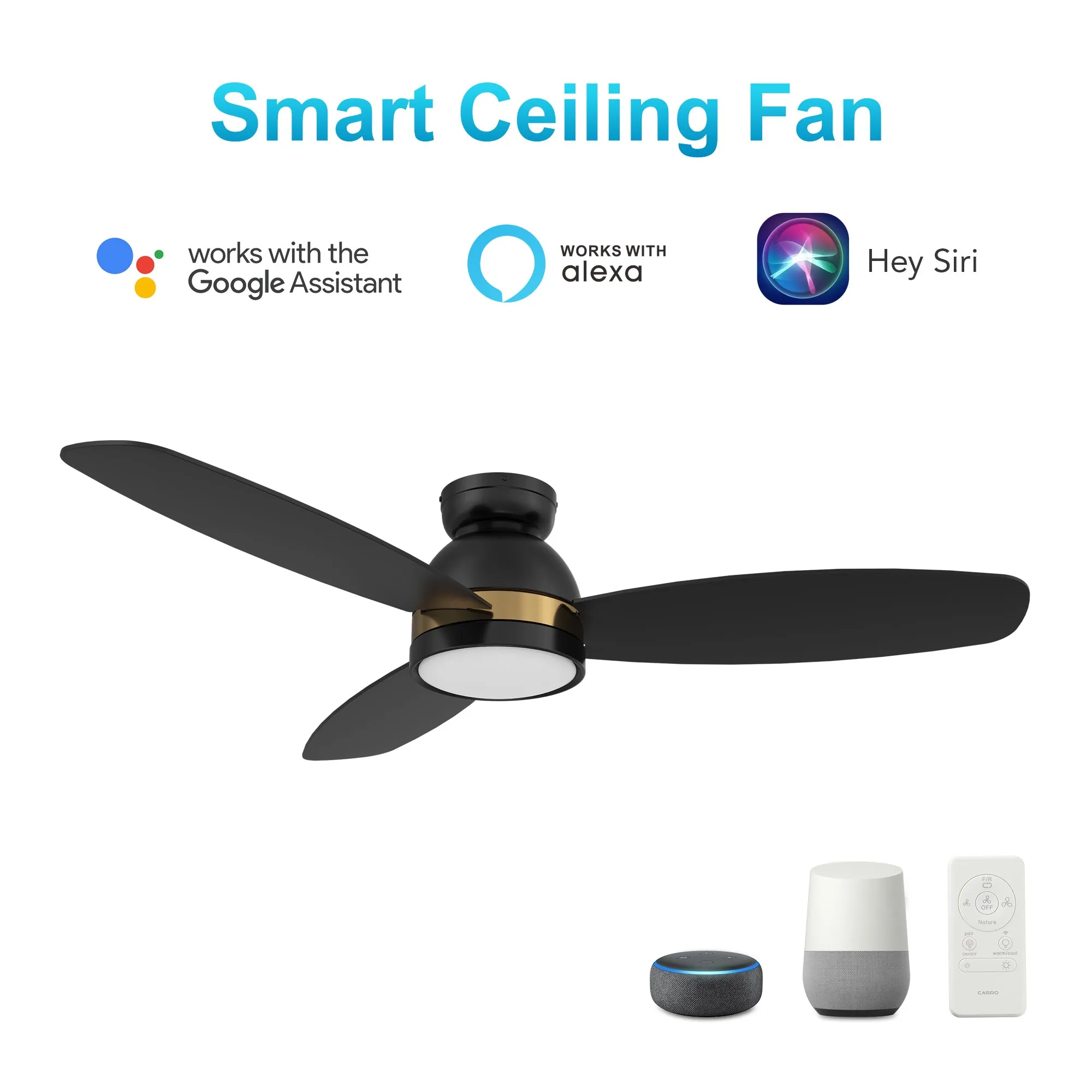 FREMONT 48 inch 3-Blade Flush Mount Smart Ceiling Fan with LED Light Kit & Remote- Black/Black