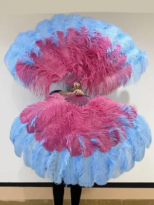 Mix sky blue & Burgundy XL 2 Layer Ostrich Feather Fan 34''x 60'' with Travel leather Bag