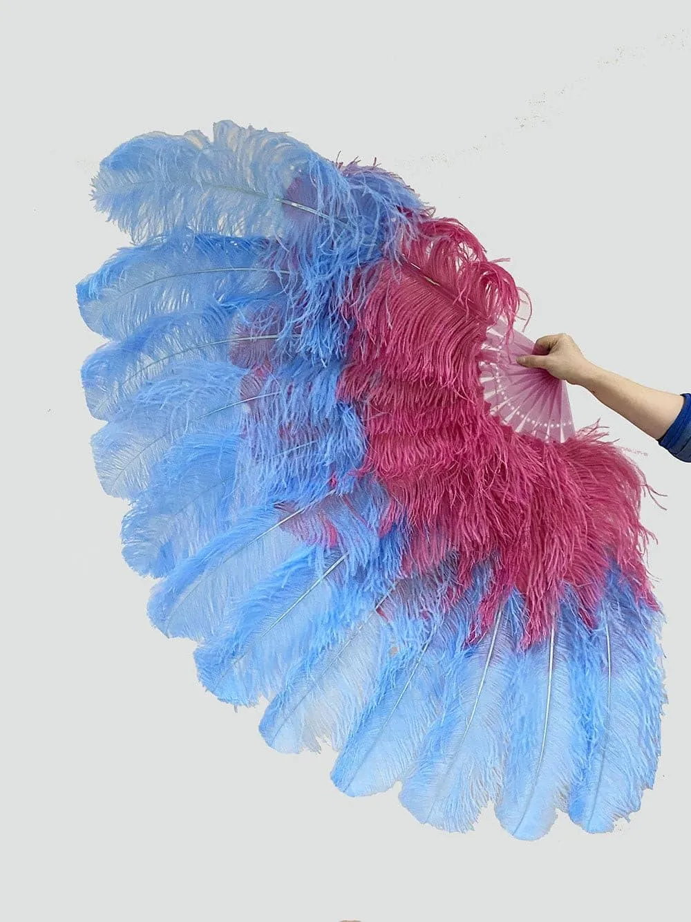 Mix sky blue & Burgundy XL 2 Layer Ostrich Feather Fan 34''x 60'' with Travel leather Bag