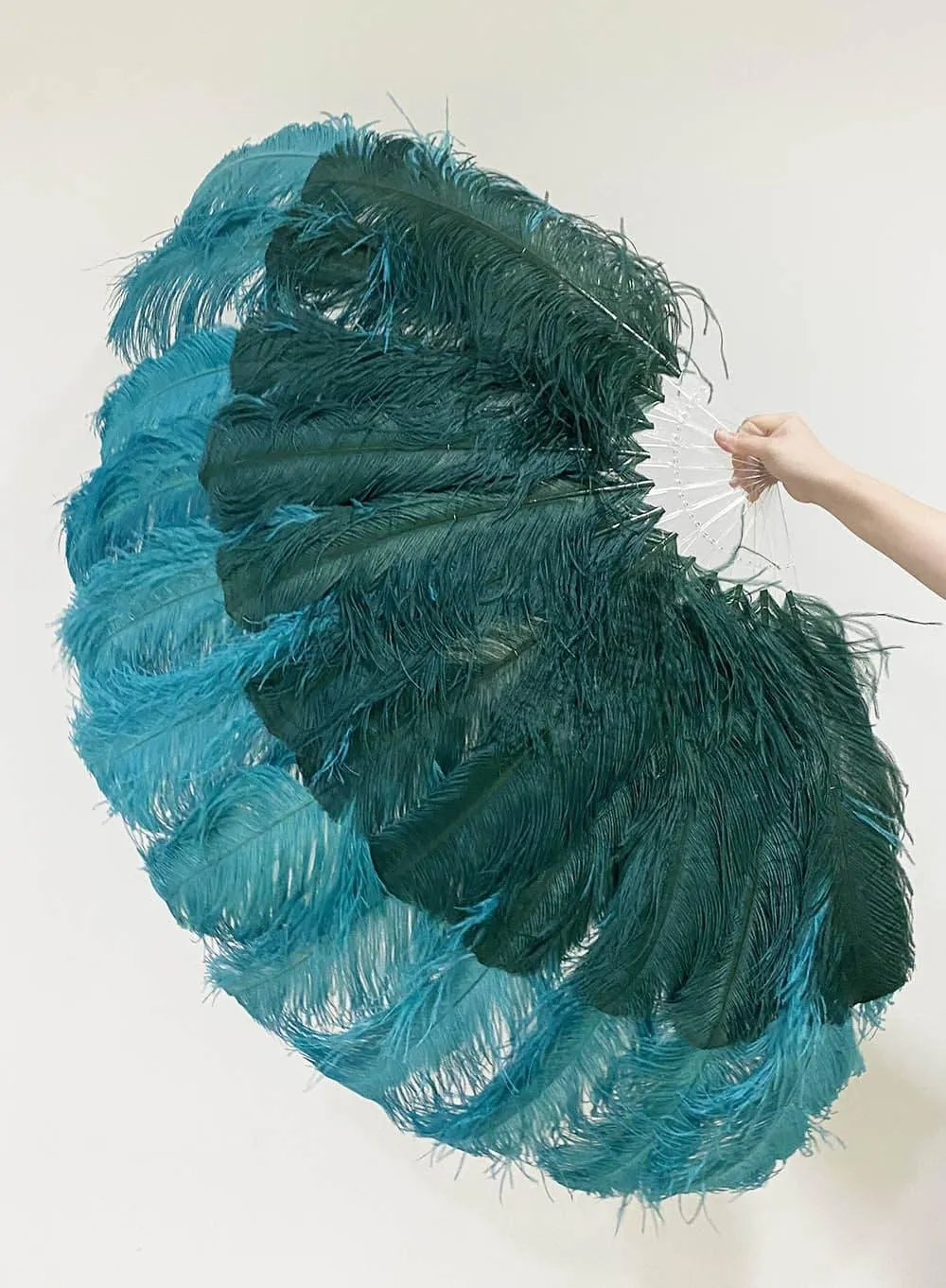 Mix Teal & forest green XL 2 Layer Ostrich Feather Fan 34''x 60'' with Travel leather Bag