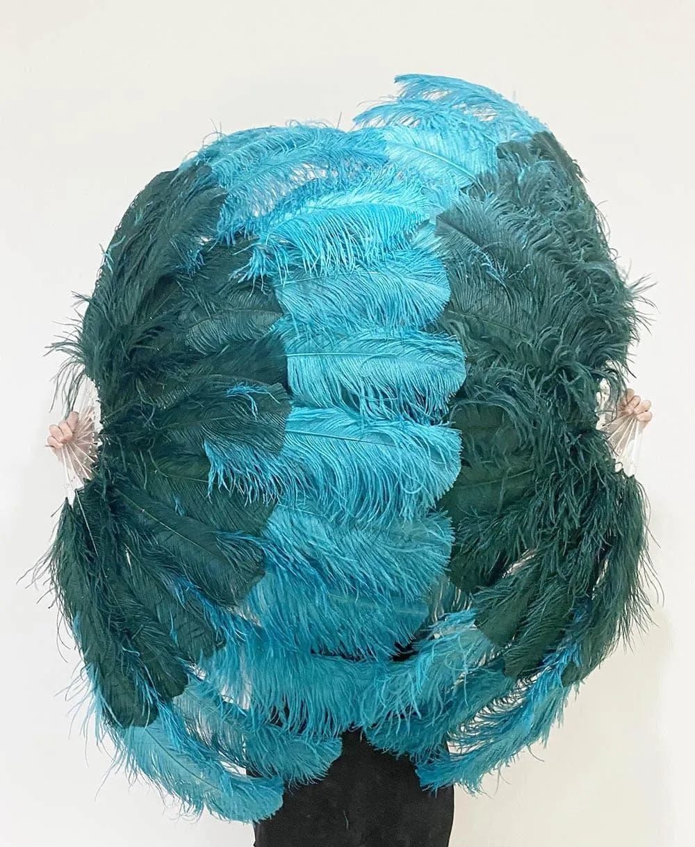 Mix Teal & forest green XL 2 Layer Ostrich Feather Fan 34''x 60'' with Travel leather Bag