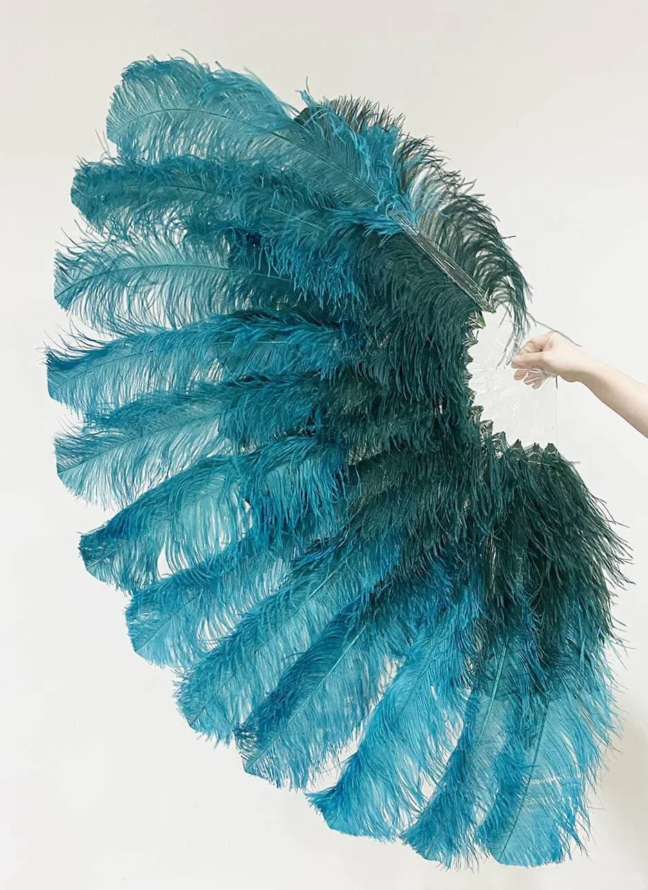 Mix Teal & forest green XL 2 Layer Ostrich Feather Fan 34''x 60'' with Travel leather Bag