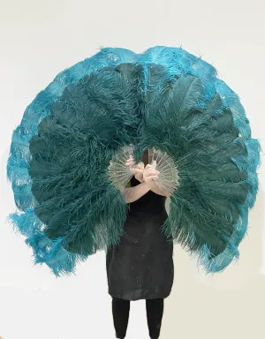 Mix Teal & forest green XL 2 Layer Ostrich Feather Fan 34''x 60'' with Travel leather Bag