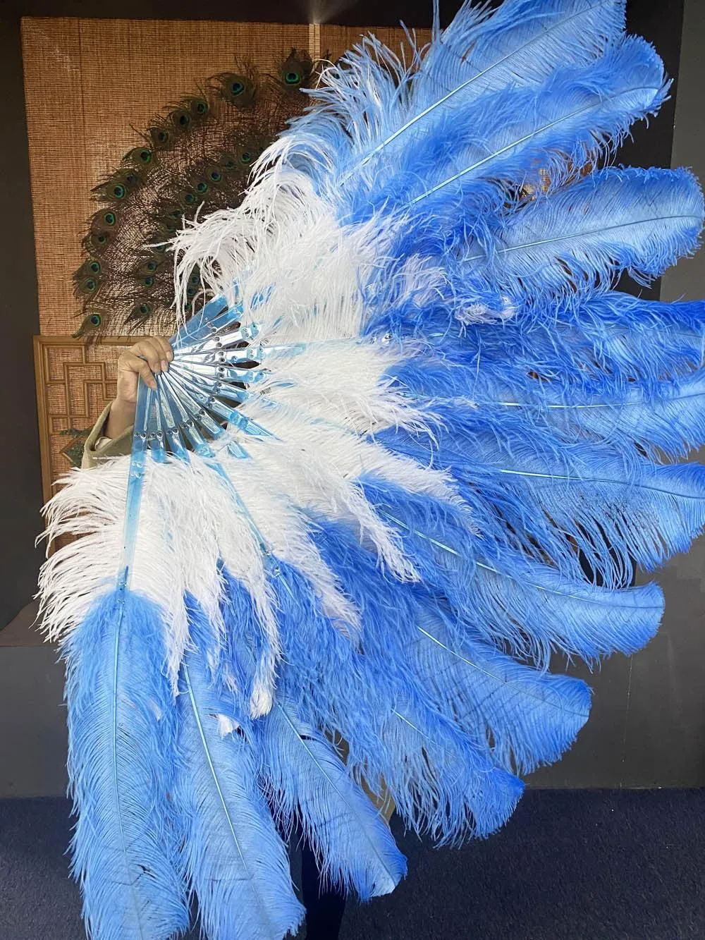 Mix white & sky blue XL 2 Layer Ostrich Feather Fan 34''x 60'' with Travel leather Bag