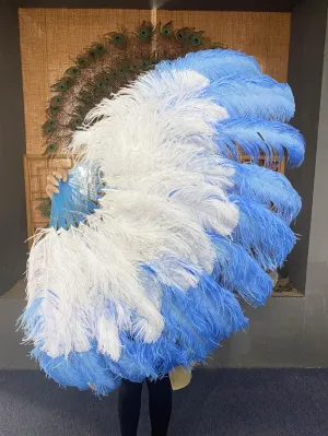 Mix white & sky blue XL 2 Layer Ostrich Feather Fan 34''x 60'' with Travel leather Bag