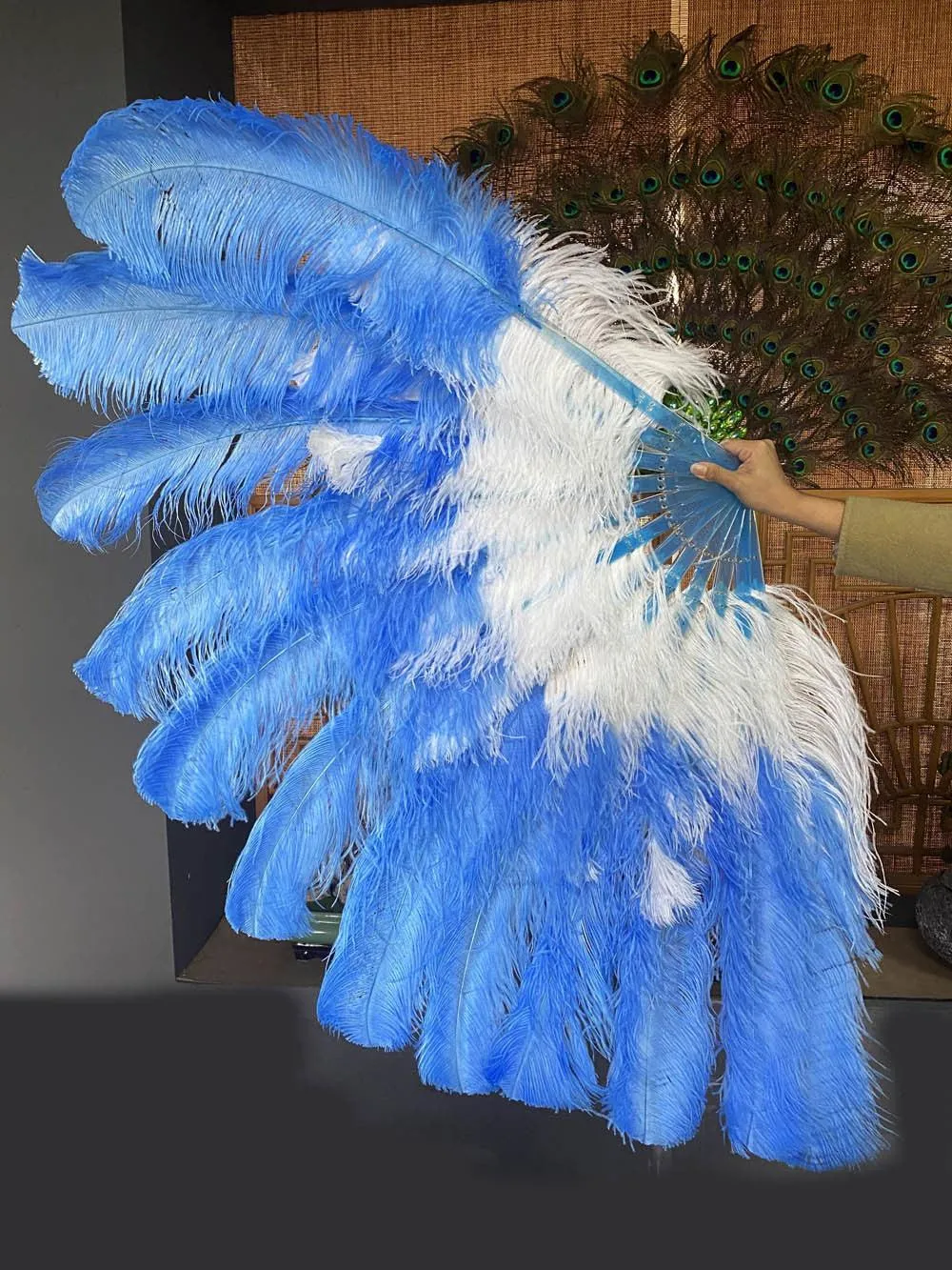 Mix white & sky blue XL 2 Layer Ostrich Feather Fan 34''x 60'' with Travel leather Bag