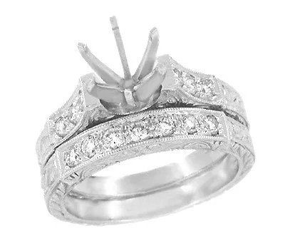 Platinum Art Deco Engraved Scrolls 3/4 Carat Diamond Engagement Ring Setting and Wedding Ring