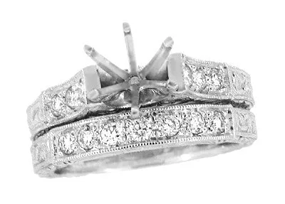 Platinum Art Deco Engraved Scrolls 3/4 Carat Diamond Engagement Ring Setting and Wedding Ring