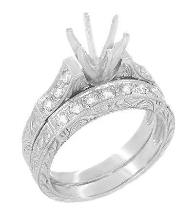 Platinum Art Deco Engraved Scrolls 3/4 Carat Diamond Engagement Ring Setting and Wedding Ring