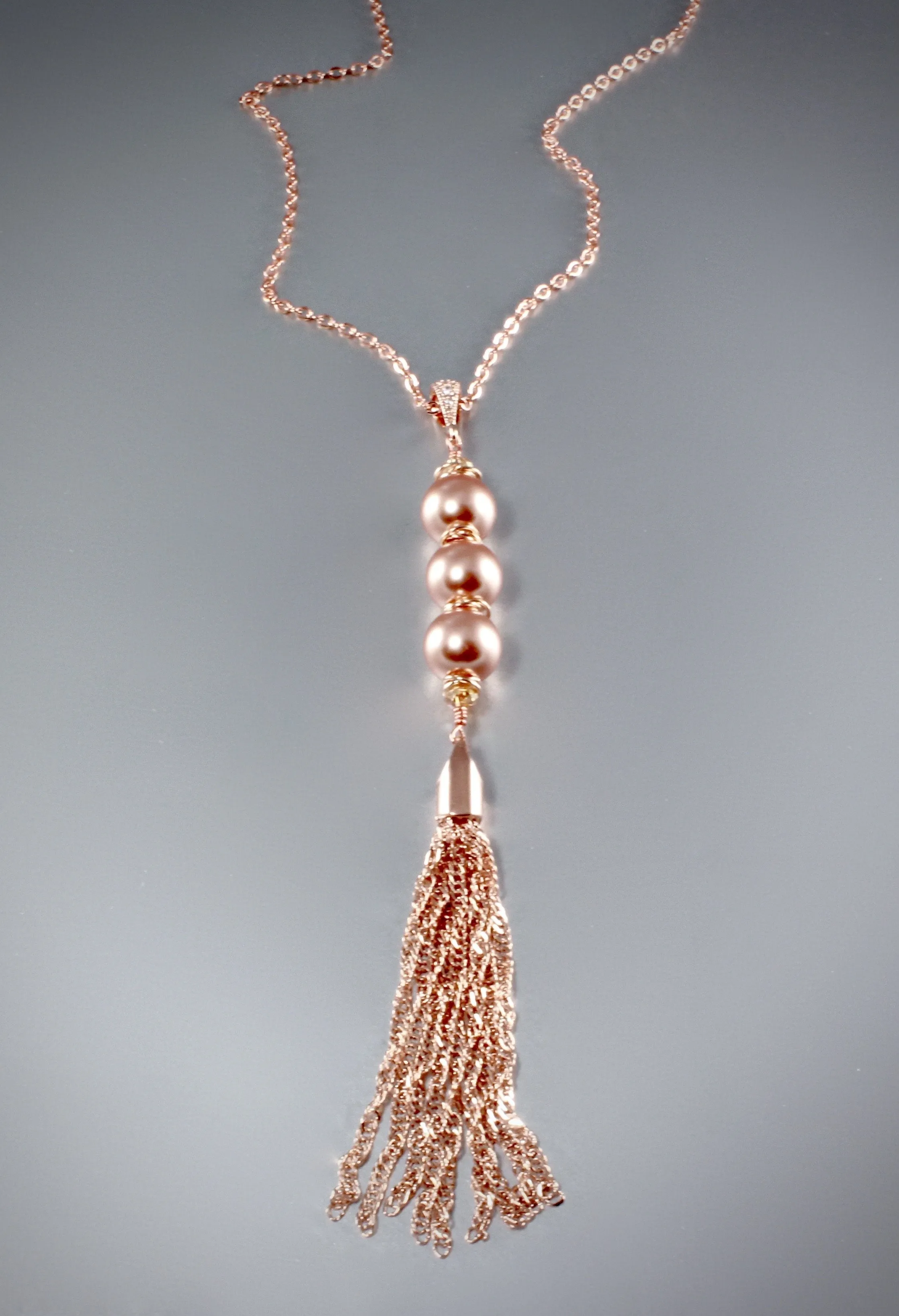 "Camellia" - Swarovski Pearl and Rose Gold Tassel Necklace