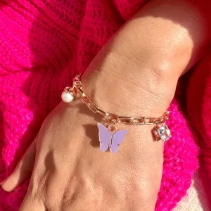 "Rack Jack Rose Gold Plated Charms Bracelet Butterfly Pearl Diamond Adjustable Free Size | Birthday Gift for Girls and Women Anniversary Gift for Wife - Purple "