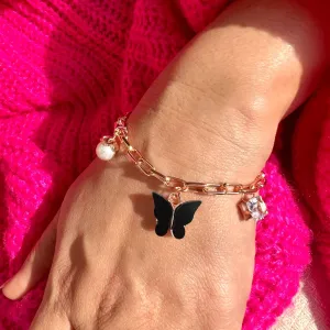 Rack Jack Rose Gold Plated Charms Bracelet Butterfly Pearl Diamond Adjustable Free Size | Birthday Gift for Girls and Women Anniversary Gift for Wife - Black