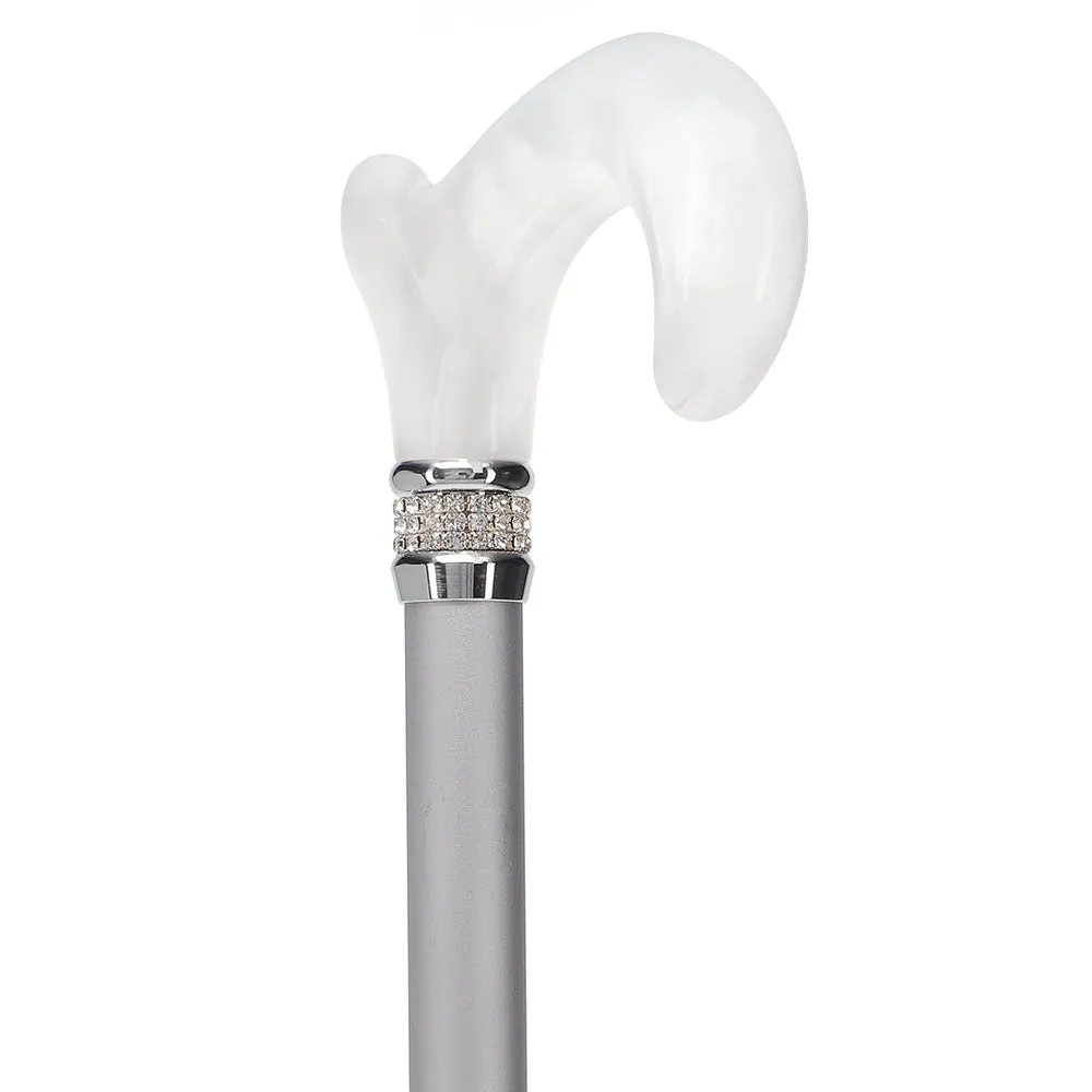 Scratch and Dent Platinum Pearlz w/ Rhinestone Collar and Silver Shaft Designer Adjustable Cane V2333