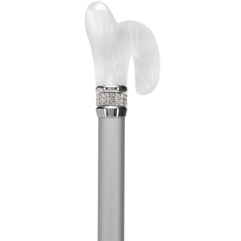 Scratch and Dent Platinum Pearlz w/ Rhinestone Collar and Silver Shaft Designer Adjustable Cane V2333