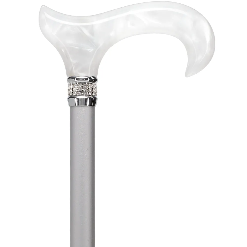 Scratch and Dent Platinum Pearlz w/ Rhinestone Collar and Silver Shaft Designer Adjustable Cane V2333