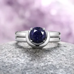 Starry Night Crescent Moon Engagement Ring Set- Sterling Silver