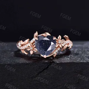 Unique Heart Shaped Blue Goldstone Engagement Ring Floral Galaxy Blue Sandstone Wedding Ring Branch Moissanite Ring Bypass Ring Promise Gift