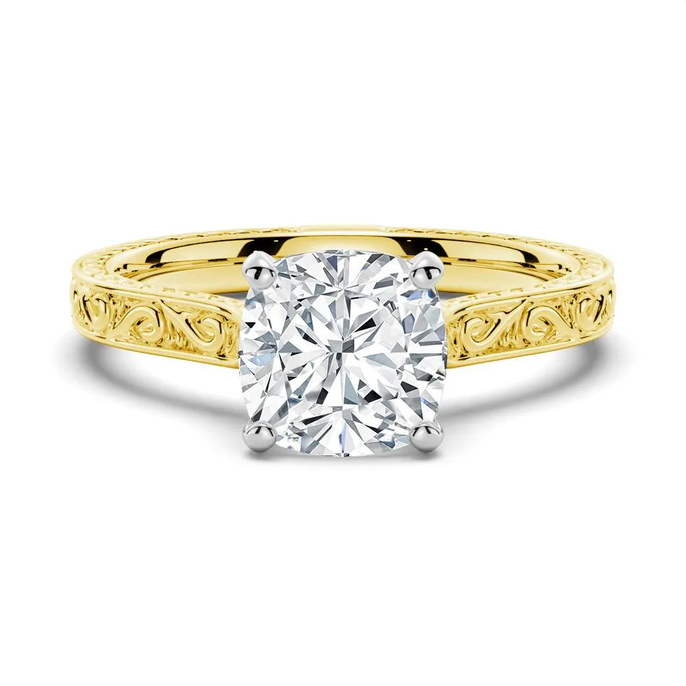 Vintage Two-Tone Cushion Moissanite Engagement Ring With Milgrain Edges